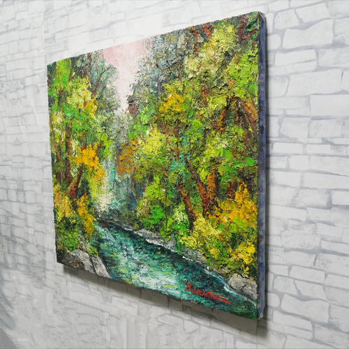 油絵 油彩 油彩画 絵 絵画 【新緑の渓流】 絵画 HR 通販 12680954