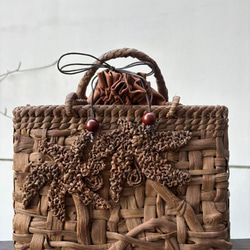 国産山葡萄 籠バッグ 内布付き 乱れ編み、花編み 巾着タイプ内布 かご