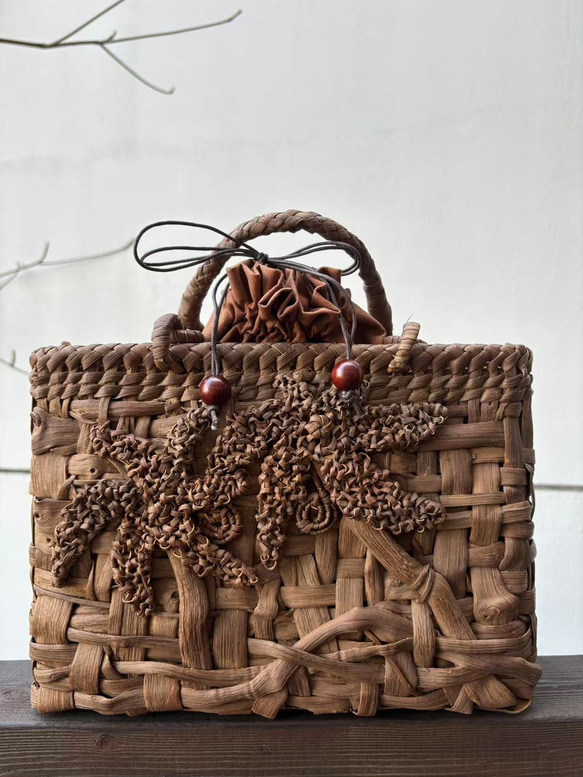 国産山葡萄 籠バッグ 内布付き 乱れ編み、花編み 巾着タイプ内布 かご