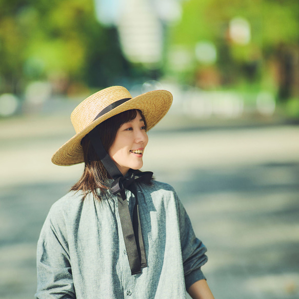 セシル Cecil つば広カンカン帽 麦わら帽子 ロングリボン ブラック