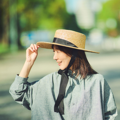 セシル Cecil つば広カンカン帽 麦わら帽子 ロングリボン ブラック