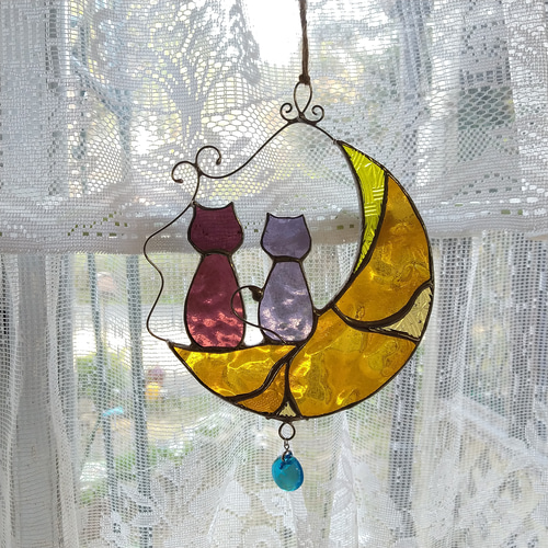 ステンドグラス・月と猫のサンキャッチャー・オーナメント サン