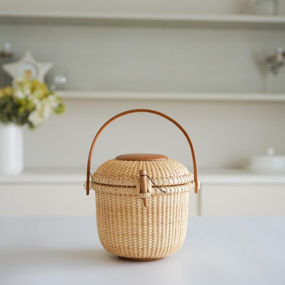 ナンタケットバスケット・5インチ・ラウンド蓋付き かごバッグ