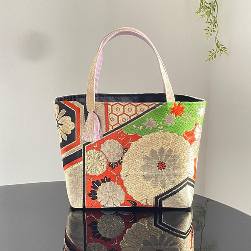 帯リメイクバッグ 金色の菊と牡丹と亀甲文様 ミニトートバッグ サブ