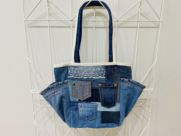 たっぷり収納♪肩かけOK☆サイドポケット☆ハンドメイド☆デニム