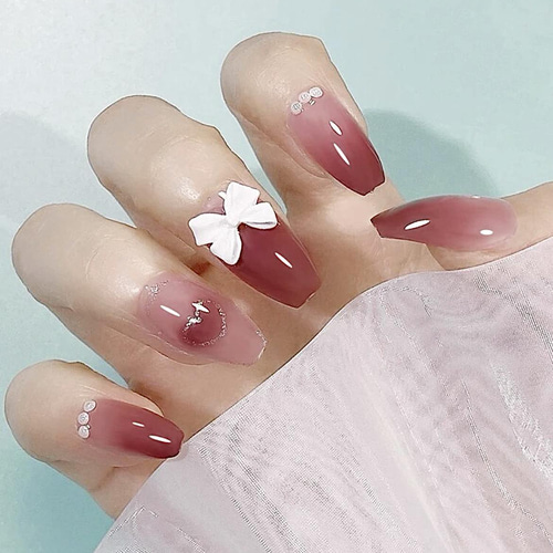 N109》既成ネイルチップ24枚セット ピンク ボルドー 赤 ハート リボン