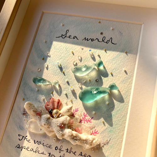 海の世界 シーグラス／天然石 ／フレームアート／ 北欧雑貨 壁掛け額