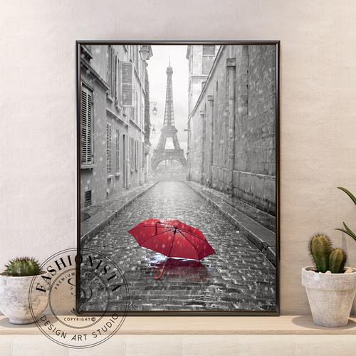アートポスター パリ エッフェル塔 赤い傘 モノクロ 風景 フランス