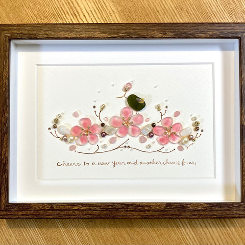 梅とウグイス シーグラス／天然石／フレームアート／壁掛け／正月