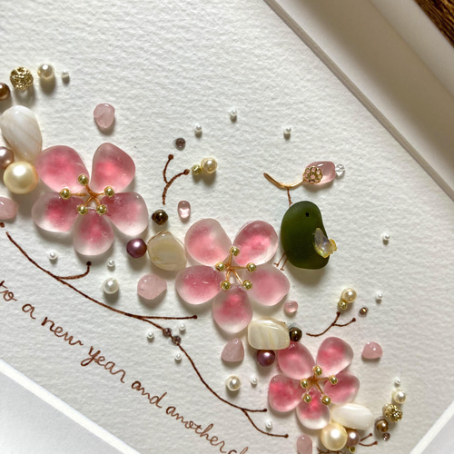 梅とウグイス シーグラス／天然石／フレームアート／壁掛け／正月