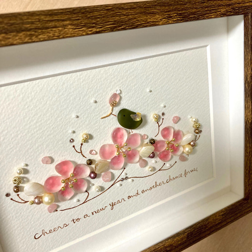 梅とウグイス シーグラス／天然石／フレームアート／壁掛け／正月