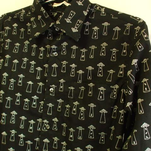 ラスト1】【セール品】UFO柄プリント メンズ台衿付き長袖シャツ L