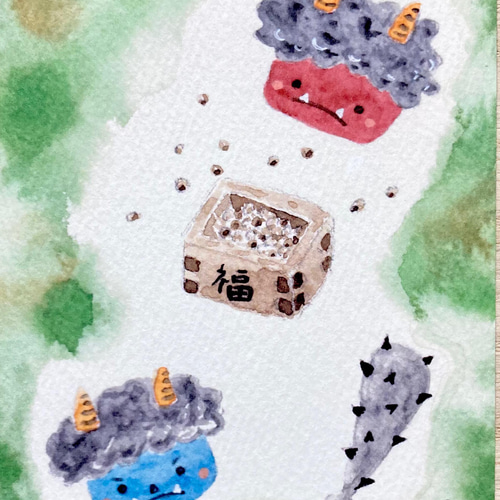 透明水彩画「鬼退治(節分)」3枚セット イラスト ポストカード 豆まき
