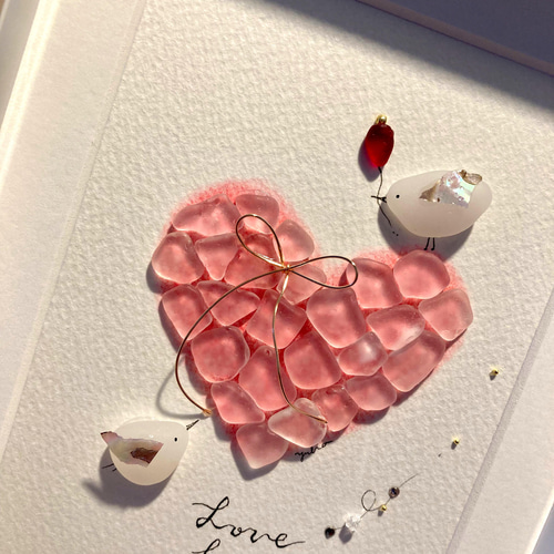 赤のハート シーグラス／天然石／フレームアート／愛／恋／レッド