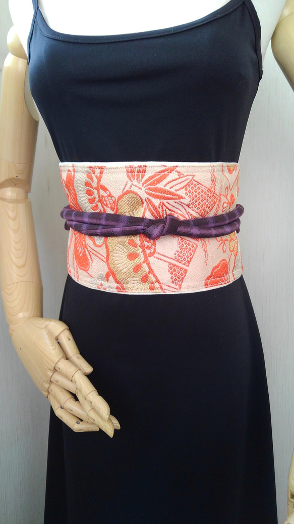 新作帯サッシュ（帯締め付き）☆朱・金祝い帯☆帯ベルト☆帯コルセット