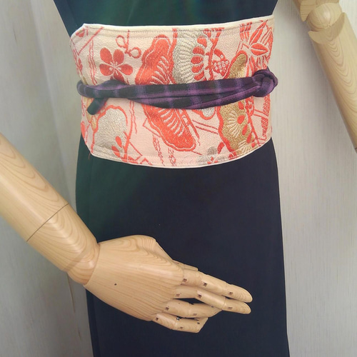 新作帯サッシュ（帯締め付き）☆朱・金祝い帯☆帯ベルト☆帯コルセット