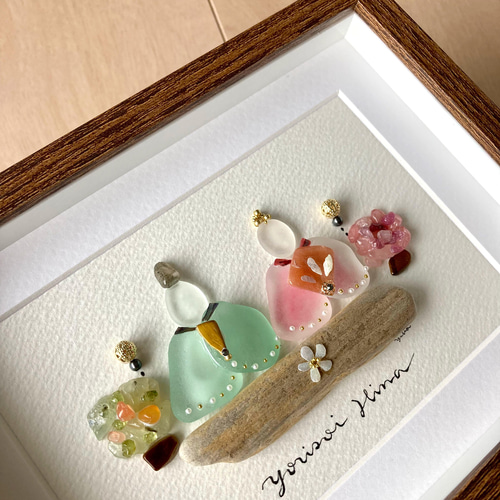 寄り添い雛4d シーグラス／天然石／フレームアート／壁掛け／ひな人形