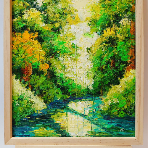 油彩画 自然風景 緑色系 木製フレーム 水彩画 風景画 新緑 皐月 若葉