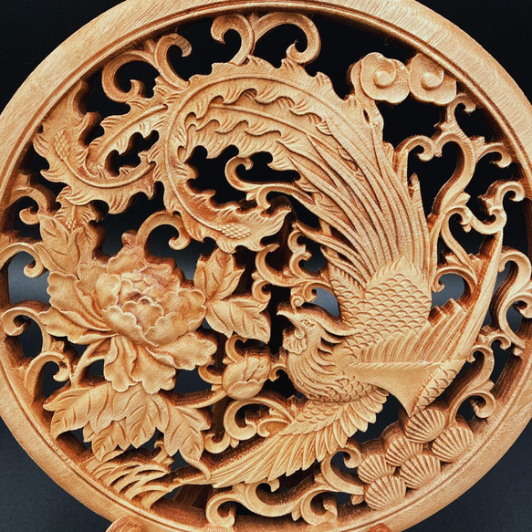 鳳凰牡丹3 26.5cm（ほうおう・ぼたん) 参次元彫刻『雅』 透かし彫 楠