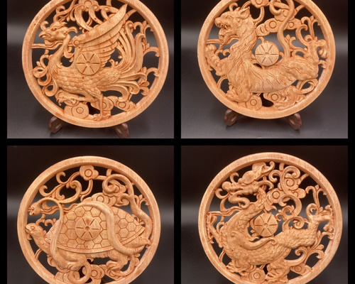 四神霊獣 4枚セット 白木風柿渋仕上げ（白虎・青龍・朱雀・玄武） 参