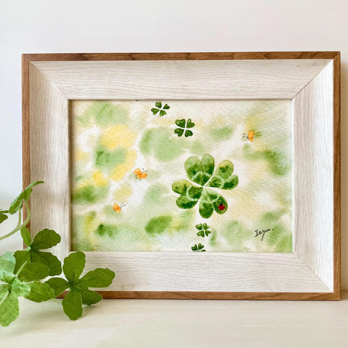 透明水彩画 A4ポスター「幸せの四つ葉のクローバー」イラスト