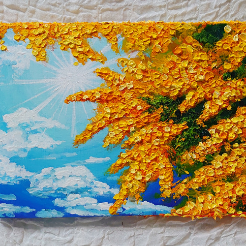 油絵 絵画 【青空に咲くミモザ】 絵画 HR 通販 14401239｜Creema