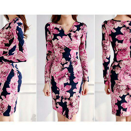 長袖 花柄 ひざ丈 タイト ワンピース ドレス レディース ロング