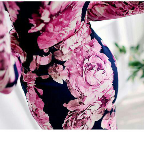 長袖 花柄 ひざ丈 タイト ワンピース ドレス レディース ロング