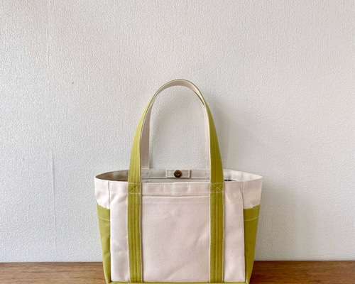 ポケットトート」小サイズ「生成り✕ヒワグリーン」／倉敷帆布8号