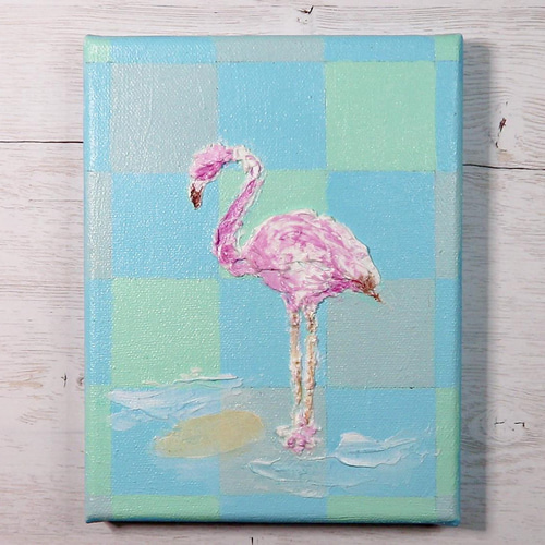 フラミンゴ／アクリル画 キャンバス 原画 F0号 ハワイ チェリーピンク