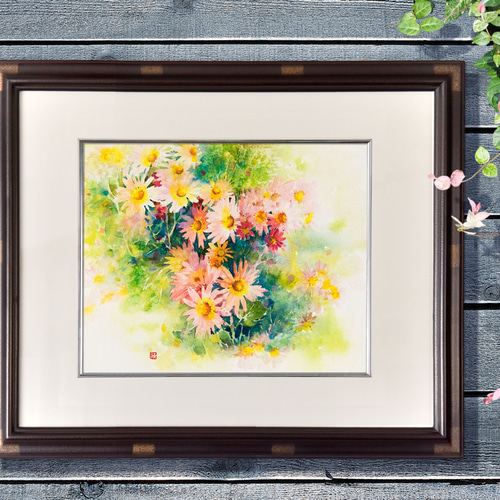 錦秋】水彩原画 F3サイズ 一点物 額装付き 豪華プレゼント付き 絵画
