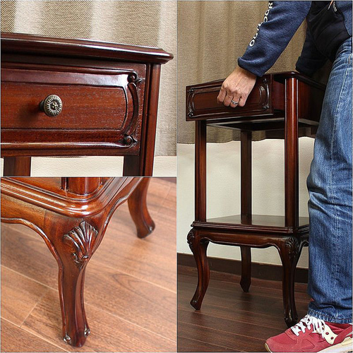 マホガニー サイドテーブル 引出しつき 無垢 木製 猫脚 キャビネット