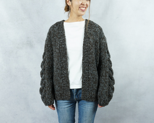 即納可】アルパカウール・ケーブル編みガウン（N-420085-チャコール