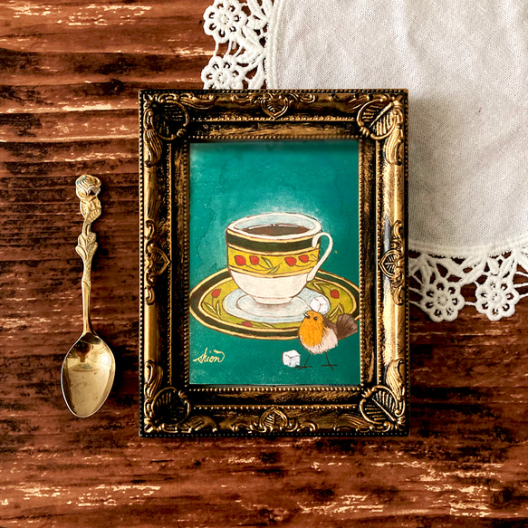 L版 額付き複製画 ブレンドコーヒー /アートプリント 鳥 インテリア