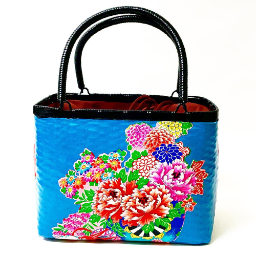 一閑張りバッグ中袋付き 『猫と花シリーズ 青』 浮世絵仕上げ かご
