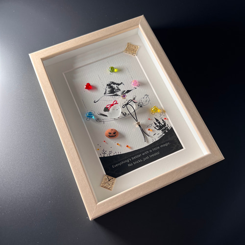 シーグラスアート『シマエナガ(ハロウィン)』 フレームアート/壁掛け