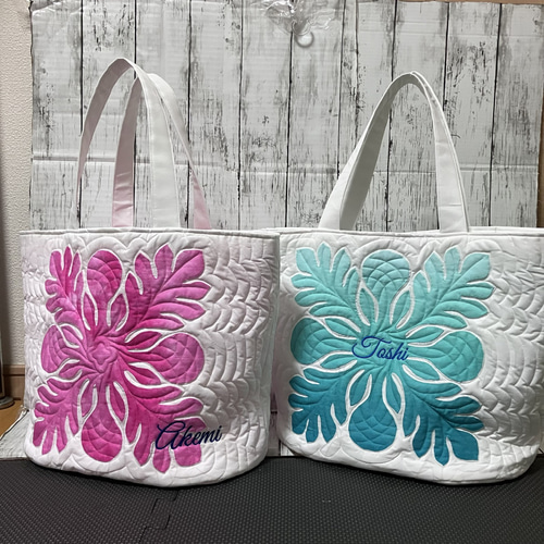 ハワイアンキルト パンの木の大きめトートバック白ブルーB トート