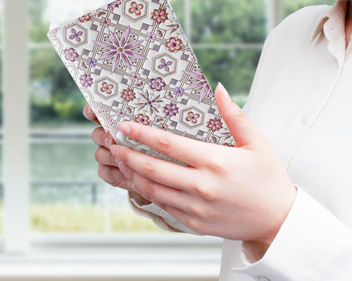 浅草文庫 牛革/文庫革 多機種対応 スマホケース 手帳型 吸盤式 花菱柄