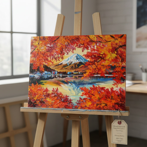 油彩画 原画 絵画「錦秋の富士」秋の風景 インテリア 壁掛け 絵画 HR