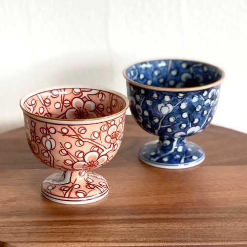 京焼・清水焼】京都 水野春陽窯 染付 赤絵 じだみ梅 盃 ペア ぐい呑み