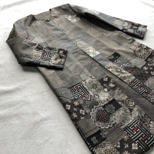 アンティーク大島紬のパッチワークコート リバーシブル 茶泥大島 龍郷