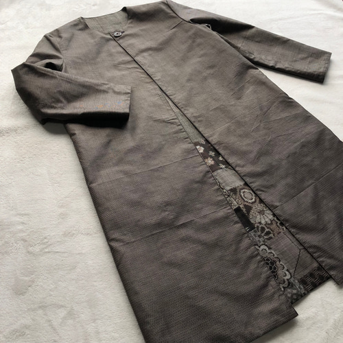 アンティーク大島紬のパッチワークコート リバーシブル 茶泥大島 龍郷