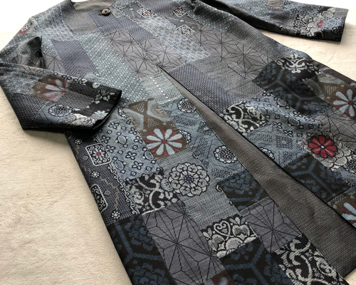 アンティーク大島紬のパッチワークコート 青 リバーシブル 着物