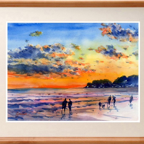 水彩画原画 鎌倉の海・夕焼け ＃547 絵画 syoumei 通販 14839433