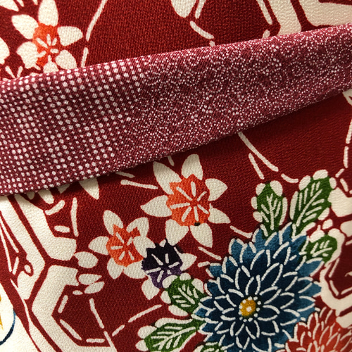 149号 半幅帯 正絹 リバーシブル 紅型×江戸小紋 赤系 ☆新品の