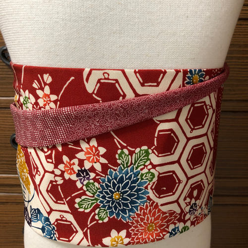 149号 半幅帯 正絹 リバーシブル 紅型×江戸小紋 赤系 ☆新品の