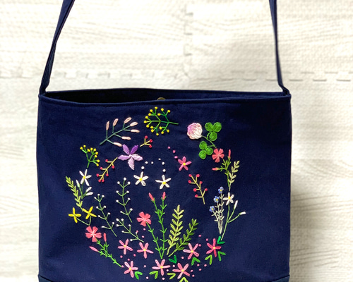 ネイビータイプの花刺繍ワンショルダーバッグ トートバッグ 桃屋ぴちこ