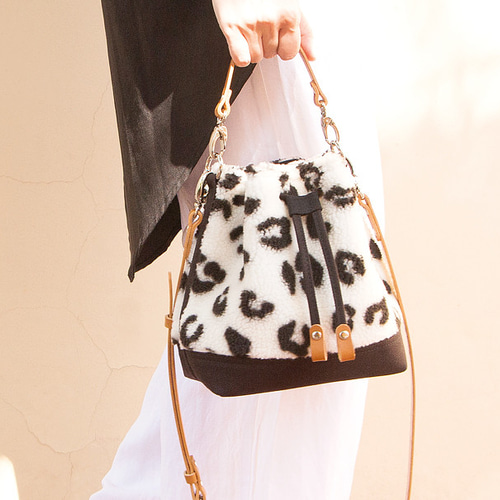 白黒レオパードボアx牛革x帆布 ミニショルダーバッグ（Sサイズ