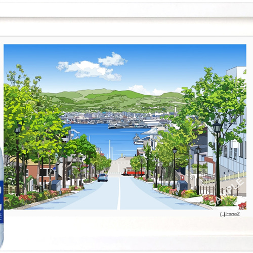 A3サイズ「函館八幡坂」ハクバ（ホワイト） 絵画 hiroma2 通販