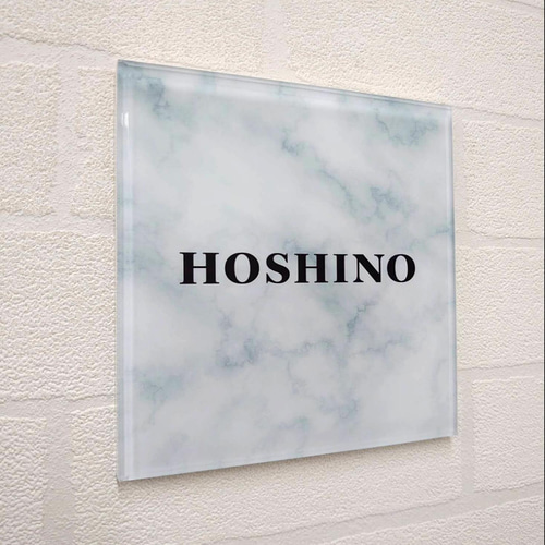 屋外対応】ホワイトマーブル調アクリル表札＊透明4辺45度斜めカット